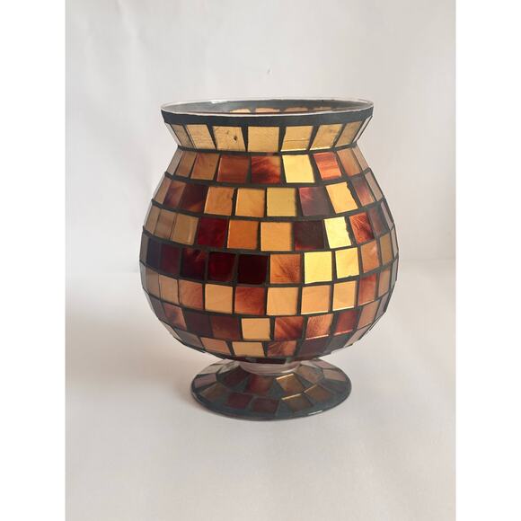 Vintage Mosaic Glass Pedestal Vase CandleHolder 8” tall Gold Amber Brown - Picture 5 of 7